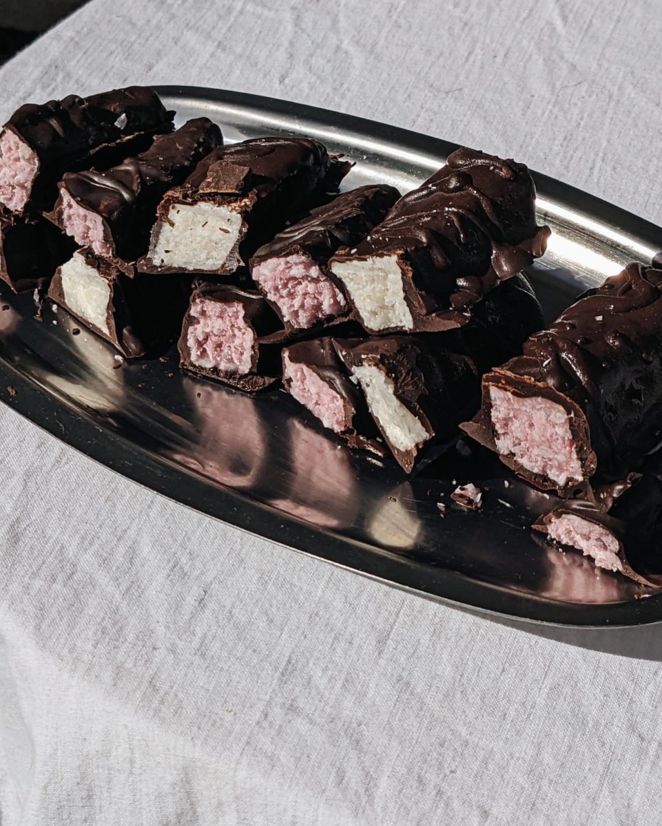 pink and white dark chocolate bounty bars