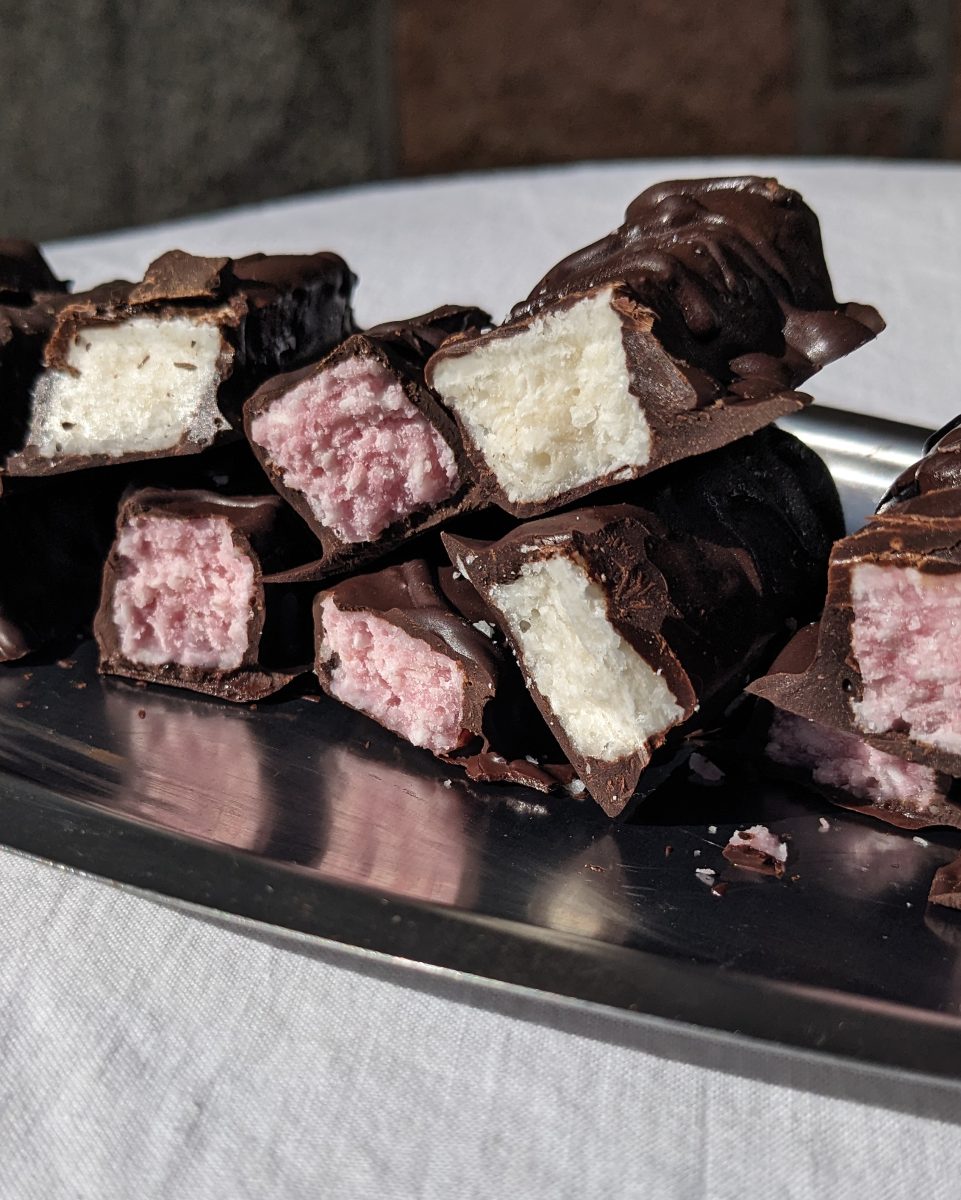 pink and white dark chocolate bounty bars