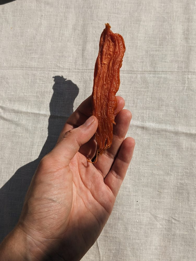 a piece of sun dried sweet potato in the hand