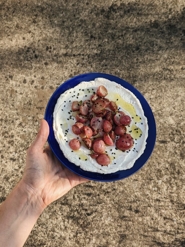 garlic kefir labneh with roasted radishes