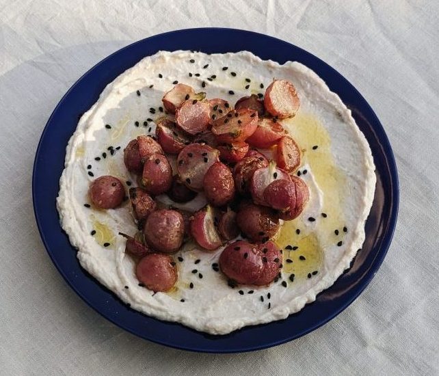 garlic kefir labneh and roasted radishes